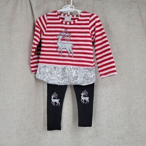 Christmas Girls Toddler 2T Matching Set Silver Reindeer Red White Stripes